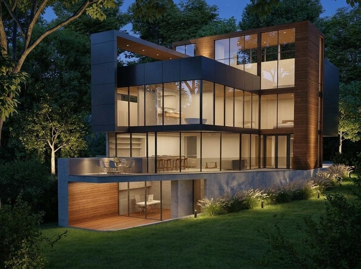 Rendering of Modern Heights at dusk, showing the retained foundation on a sloped lot, Kent, Washington DC
