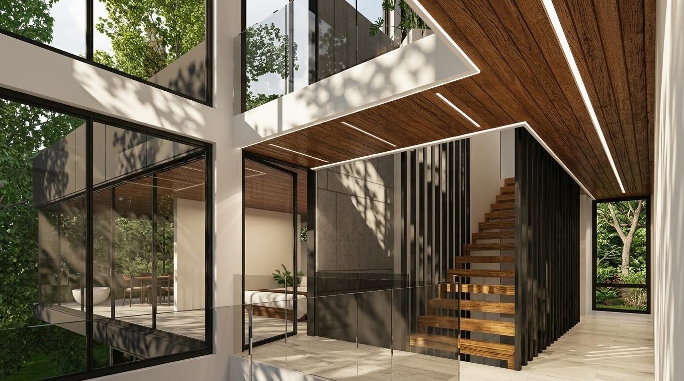Rendering of the wood-clad stair tower and interior bridge at Modern Heights